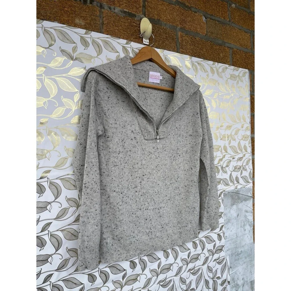 BRODIE 100% Cashmere Donegal Speckled Sweater | Light Academia Half Zip XS